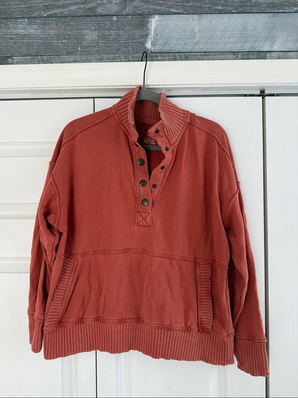 Aerie Distressed Quarter-Button Sweatshirt